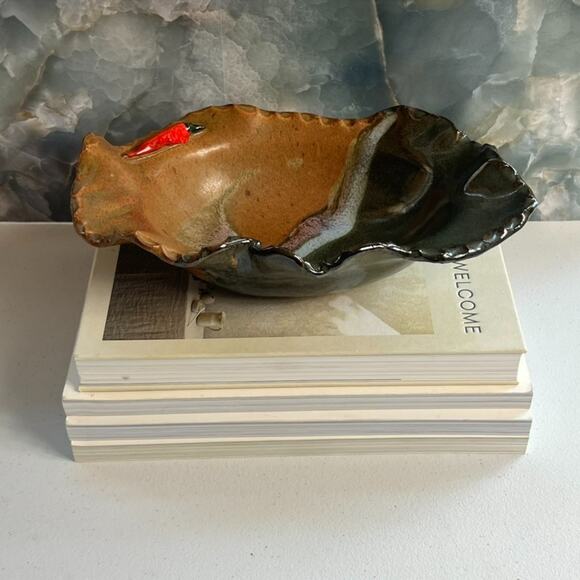 Medium 10" Abstract Art Studio Pottery Bowl Crimped Wavy Rim Brown Earth Tones - Picture 1 of 9